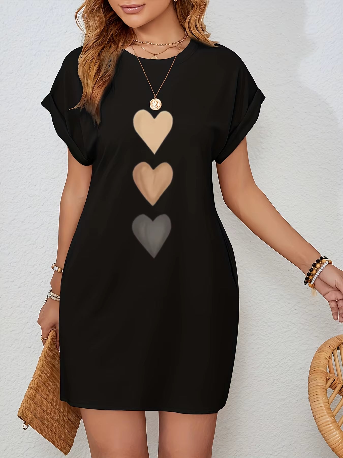 Women'S Casual Knit Tshirt Dress with Heart Print Crew Neck Short Sleeve Fashionable Top Black with Colorful Flag Design