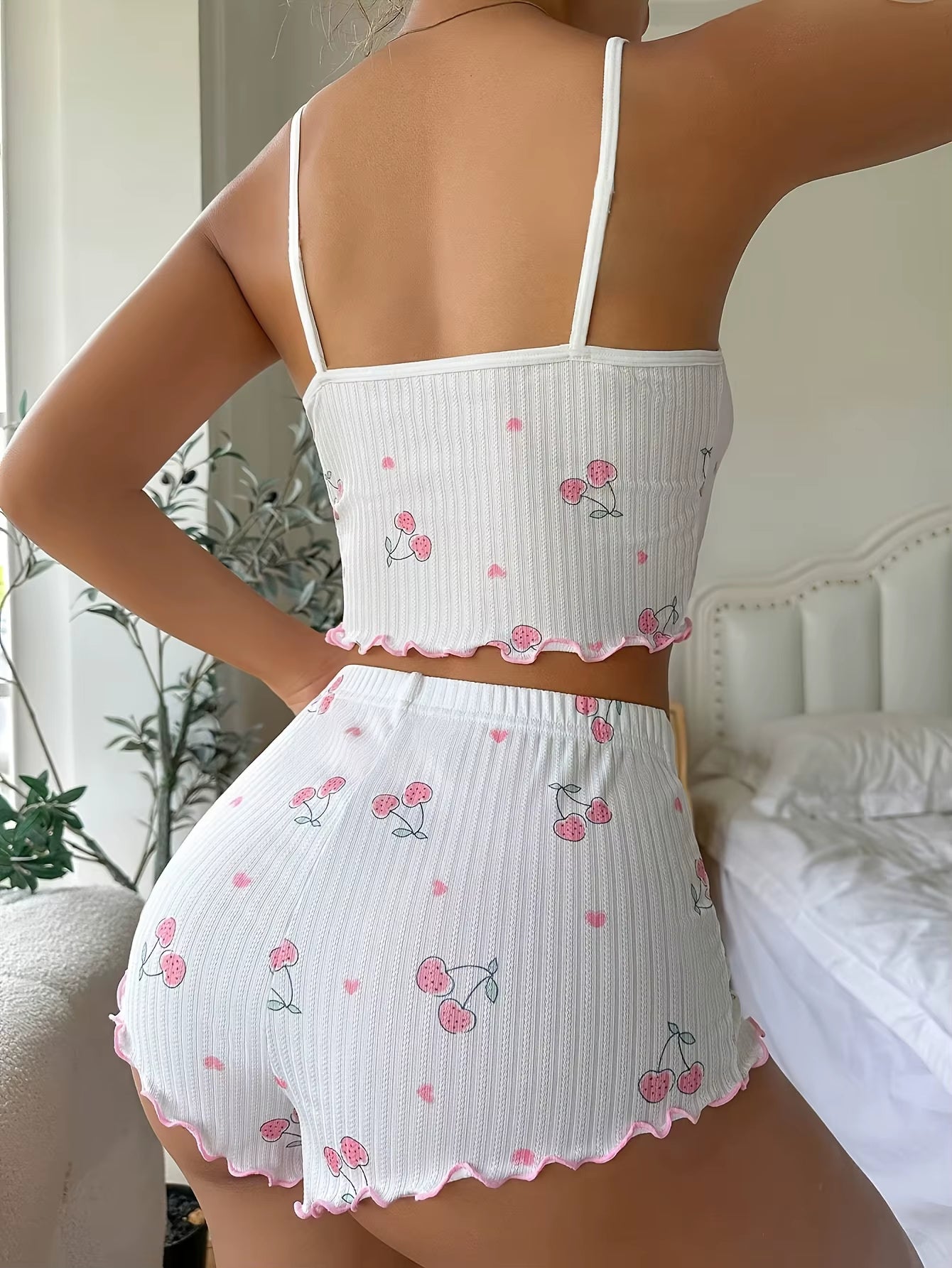 Sleepwear Women'S Summer Pajama Set Heart Print Sexy Ribbed Bow Decor round Neck Backless Crop Cami Top & Shorts Nightwear