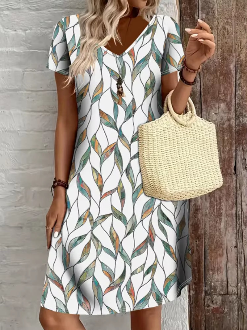 Casual Well-Fitted Printed Short Dress for Women Summer Elegant and Retro Lady'S V-Neck Short-Sleeved Straight Knee-Length Dress