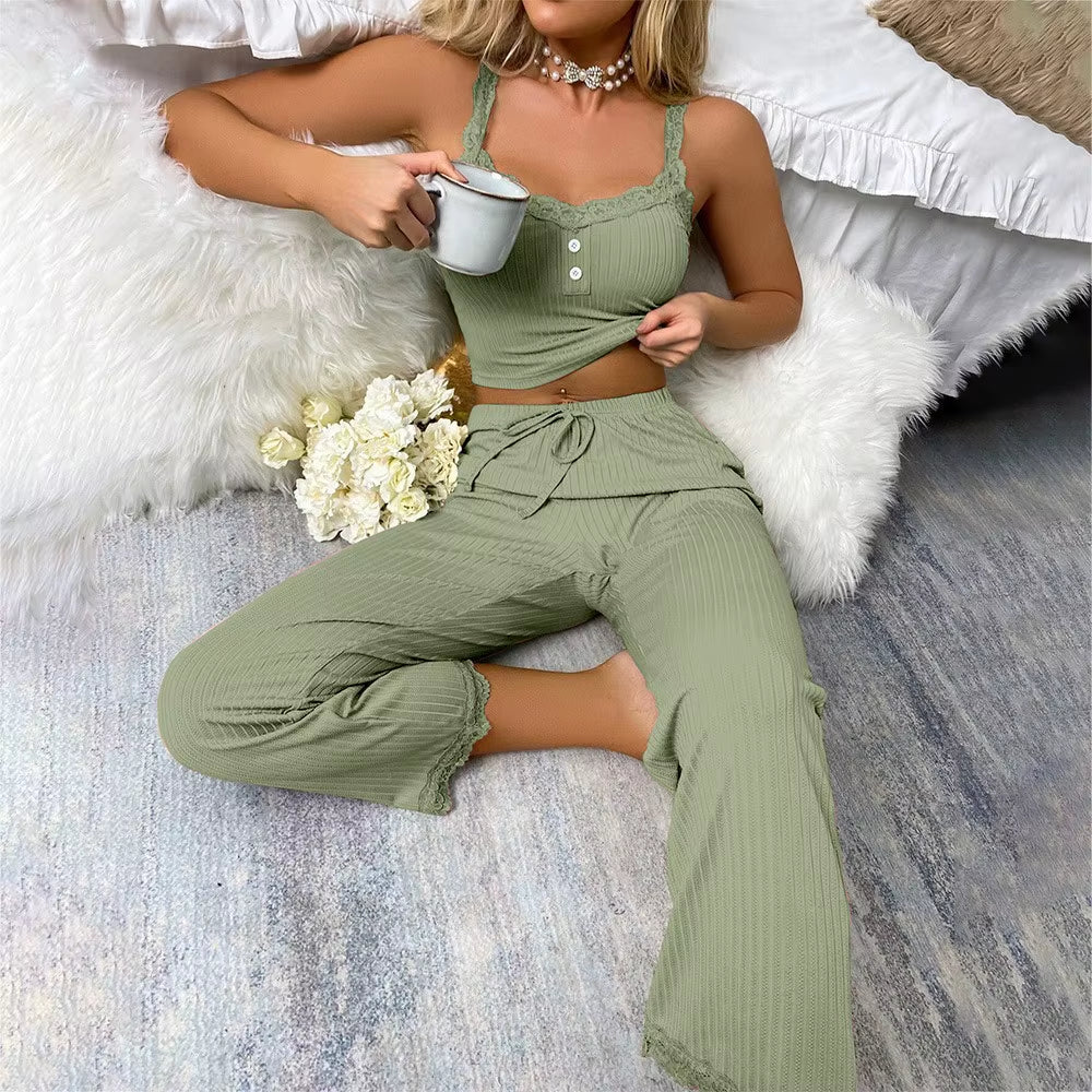 New Women'S Two-Piece Pajama Set with Solid Color Lace Edging Sexy Slim Fit Suspender and Pants Soft and Comfortable Pajamas Set