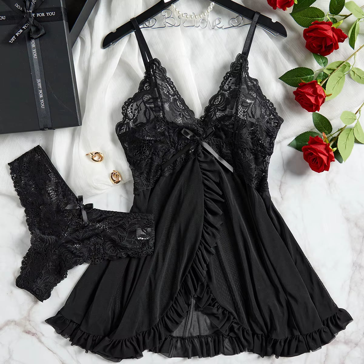 Red Sling Transparent Sexy Lingerie Women'S Underwear See-Through Sleepwear Lace Nightdress and Panty Pijamas Sets Female Santa