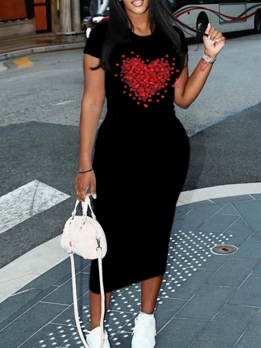 Summer Heart-Shaped Print Short Sleeved Women'S Sexy Dress Casual round Neck Pullover Dress Solid Color