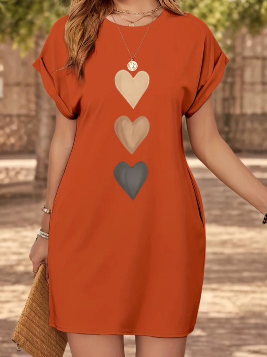 Women'S Casual Knit Tshirt Dress with Heart Print Crew Neck Short Sleeve Fashionable Top Black with Colorful Flag Design