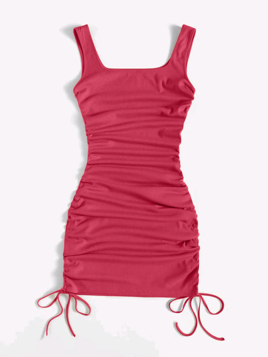 Summer Ribbed Vest Dress Drawstring Pleated Tight Elastic Hip Skirt