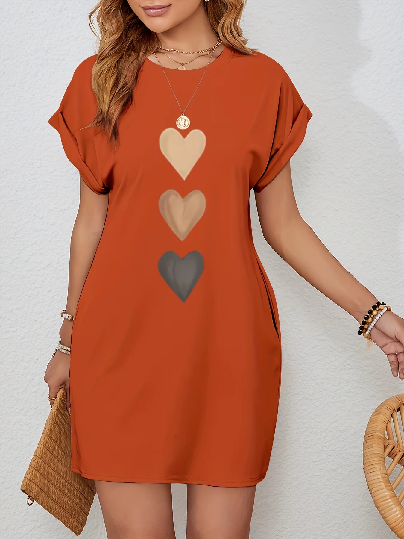 Women'S Casual Knit Tshirt Dress with Heart Print Crew Neck Short Sleeve Fashionable Top Black with Colorful Flag Design