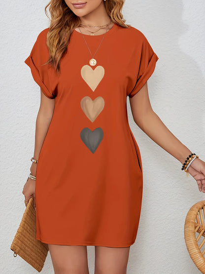 Women'S Casual Knit Tshirt Dress with Heart Print Crew Neck Short Sleeve Fashionable Top Black with Colorful Flag Design