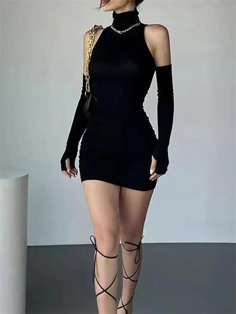 Ruched Bodycon Dress Women Turtleneck Mini Dresses with Sleeves Autumn Black Skinny Stretchy Party Vestidos Fashion Y2K Clothing