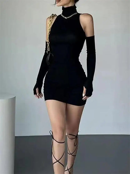 Ruched Bodycon Dress Women Turtleneck Mini Dresses with Sleeves Autumn Black Skinny Stretchy Party Vestidos Fashion Y2K Clothing