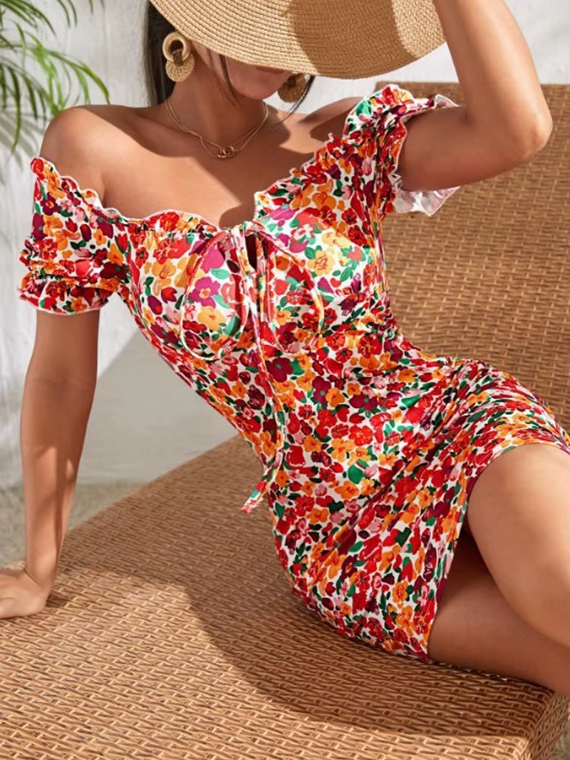 All-Over Flower Print Ruffled Lace-Up One-Shoulder Sexy High-Elasticity Slim-Fitting Dress Mini Skirt
