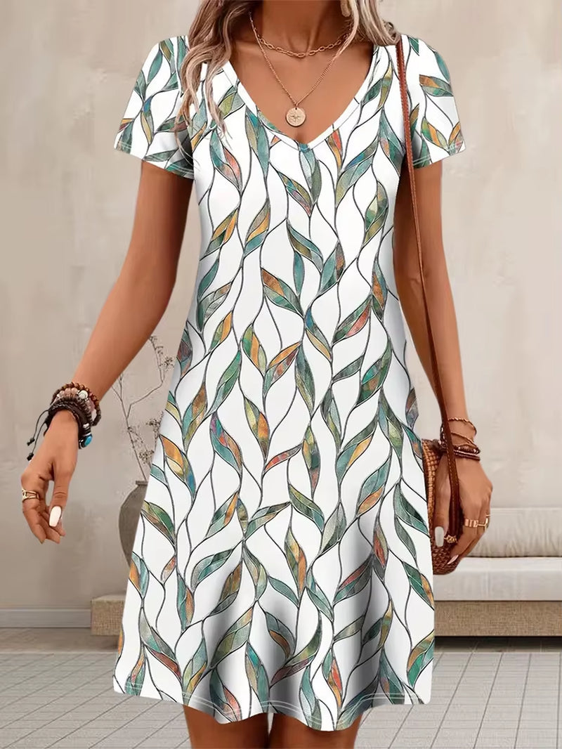 Casual Well-Fitted Printed Short Dress for Women Summer Elegant and Retro Lady'S V-Neck Short-Sleeved Straight Knee-Length Dress