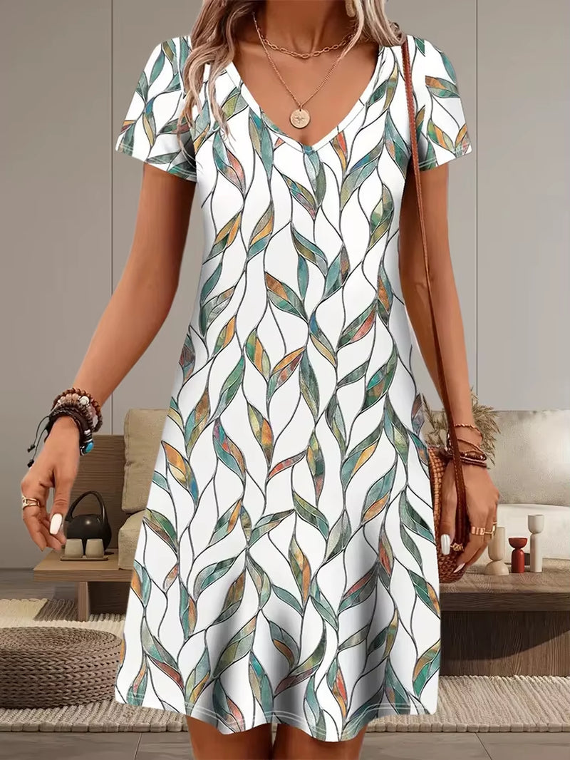 Casual Well-Fitted Printed Short Dress for Women Summer Elegant and Retro Lady'S V-Neck Short-Sleeved Straight Knee-Length Dress