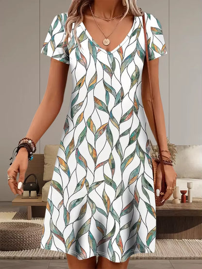 Casual Well-Fitted Printed Short Dress for Women Summer Elegant and Retro Lady'S V-Neck Short-Sleeved Straight Knee-Length Dress