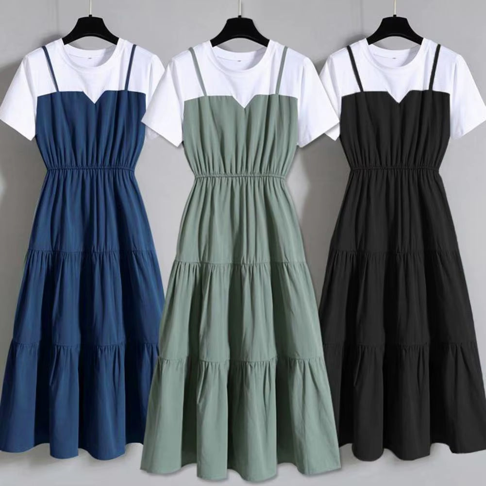 2024 Fashion Strap Fake Two Piece Dress Block Summer Short Sleeved Dress Women'S Waist Tight Dress