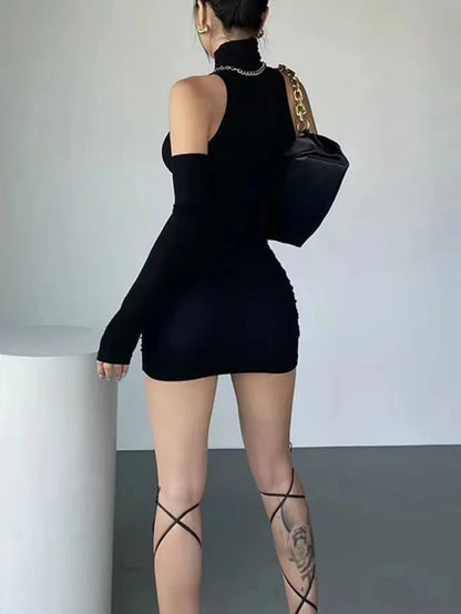 Ruched Bodycon Dress Women Turtleneck Mini Dresses with Sleeves Autumn Black Skinny Stretchy Party Vestidos Fashion Y2K Clothing