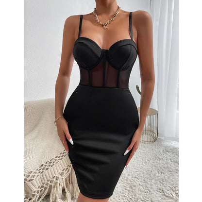 Y2K Sexy Club Party Hollowing Mesh See through Slim Dress,Women Nightclub Wear Fishbone Halter V Neck Sheer Package Hip Skirt