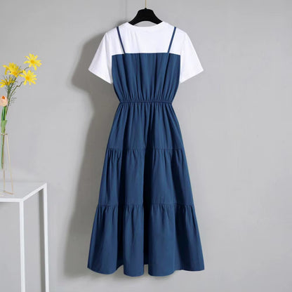 2024 Fashion Strap Fake Two Piece Dress Block Summer Short Sleeved Dress Women'S Waist Tight Dress