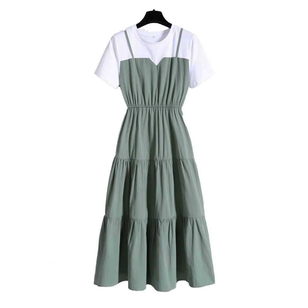 2024 Fashion Strap Fake Two Piece Dress Block Summer Short Sleeved Dress Women'S Waist Tight Dress