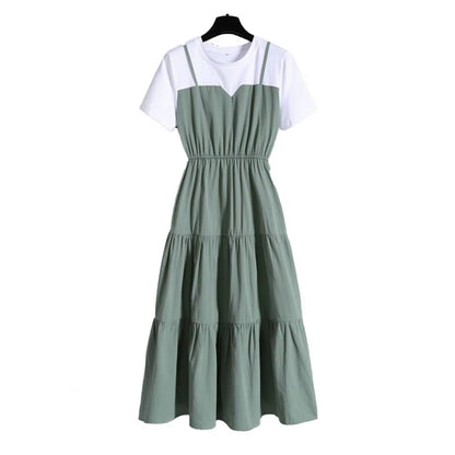 2024 Fashion Strap Fake Two Piece Dress Block Summer Short Sleeved Dress Women'S Waist Tight Dress