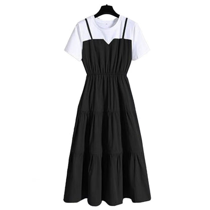 2024 Fashion Strap Fake Two Piece Dress Block Summer Short Sleeved Dress Women'S Waist Tight Dress