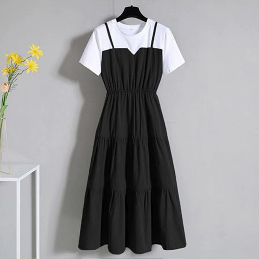 2024 Fashion Strap Fake Two Piece Dress Block Summer Short Sleeved Dress Women'S Waist Tight Dress