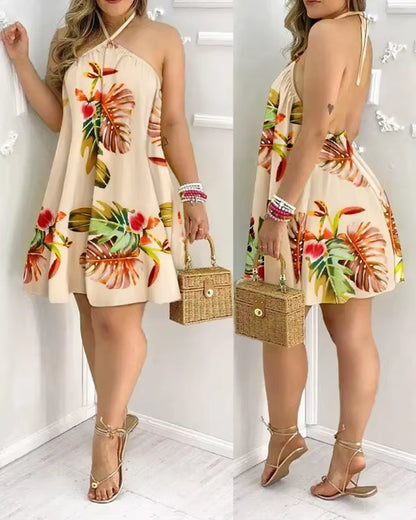Tropical Print Halter Neck Dress, Vacation Style Backless Dress for Spring & Summer, Women'S Clothing