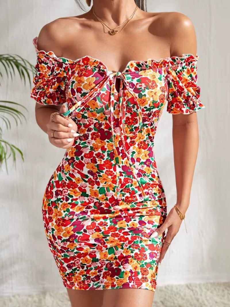 All-Over Flower Print Ruffled Lace-Up One-Shoulder Sexy High-Elasticity Slim-Fitting Dress Mini Skirt