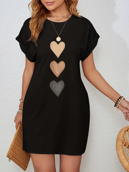 Women'S Casual Knit Tshirt Dress with Heart Print Crew Neck Short Sleeve Fashionable Top Black with Colorful Flag Design