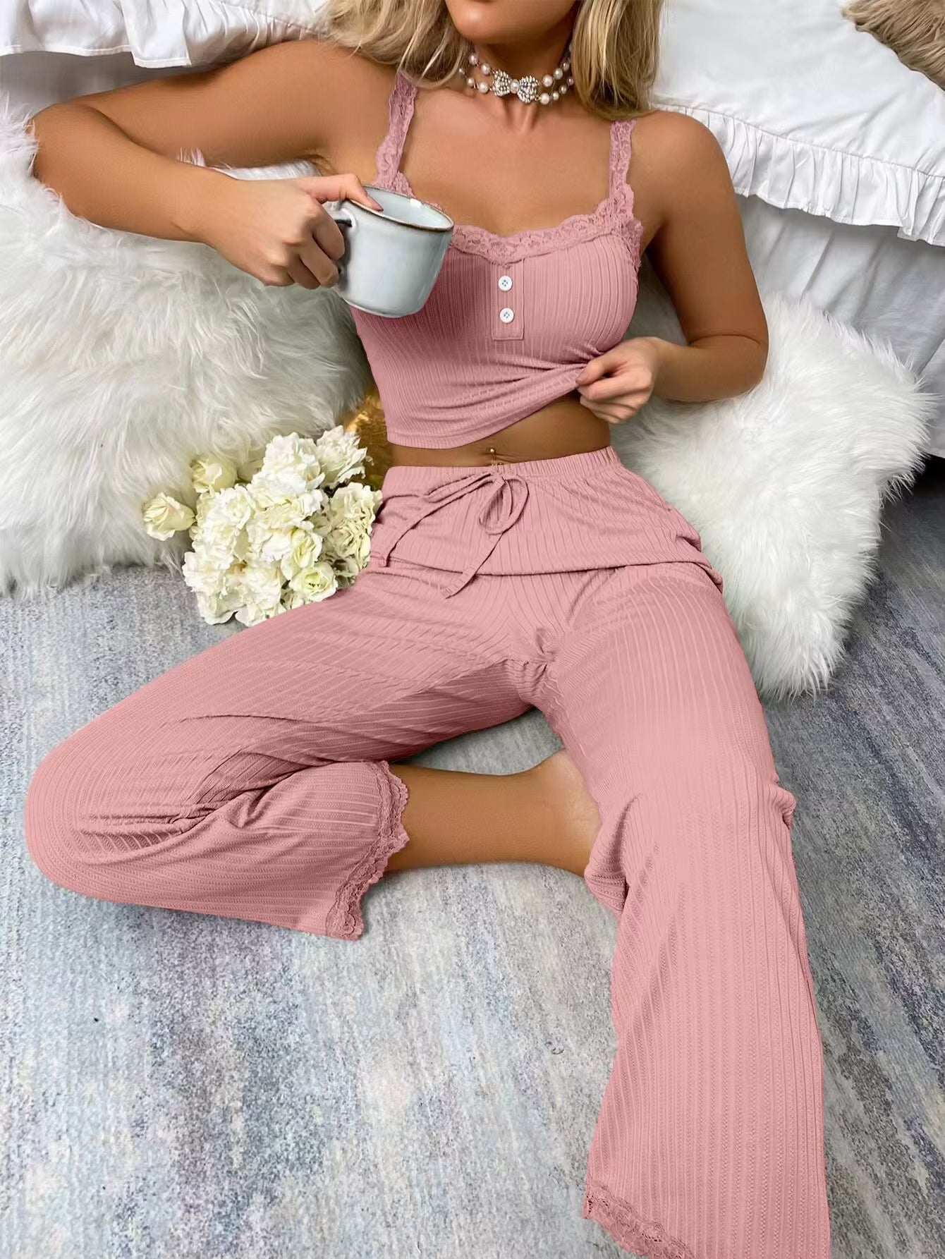New Women'S Two-Piece Pajama Set with Solid Color Lace Edging Sexy Slim Fit Suspender and Pants Soft and Comfortable Pajamas Set
