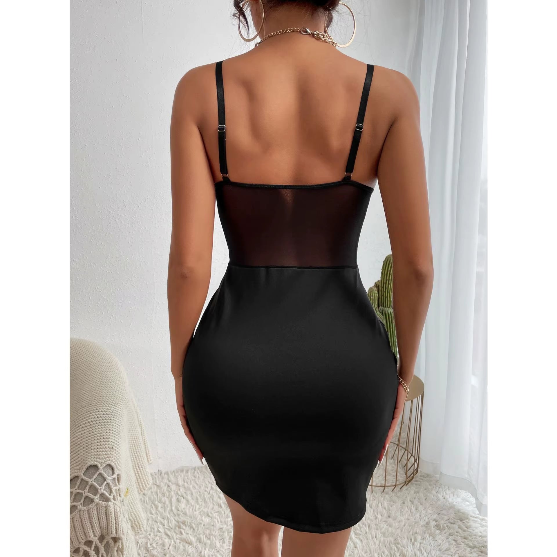 Y2K Sexy Club Party Hollowing Mesh See through Slim Dress,Women Nightclub Wear Fishbone Halter V Neck Sheer Package Hip Skirt