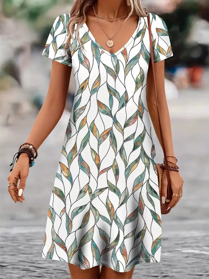 Casual Well-Fitted Printed Short Dress for Women Summer Elegant and Retro Lady'S V-Neck Short-Sleeved Straight Knee-Length Dress