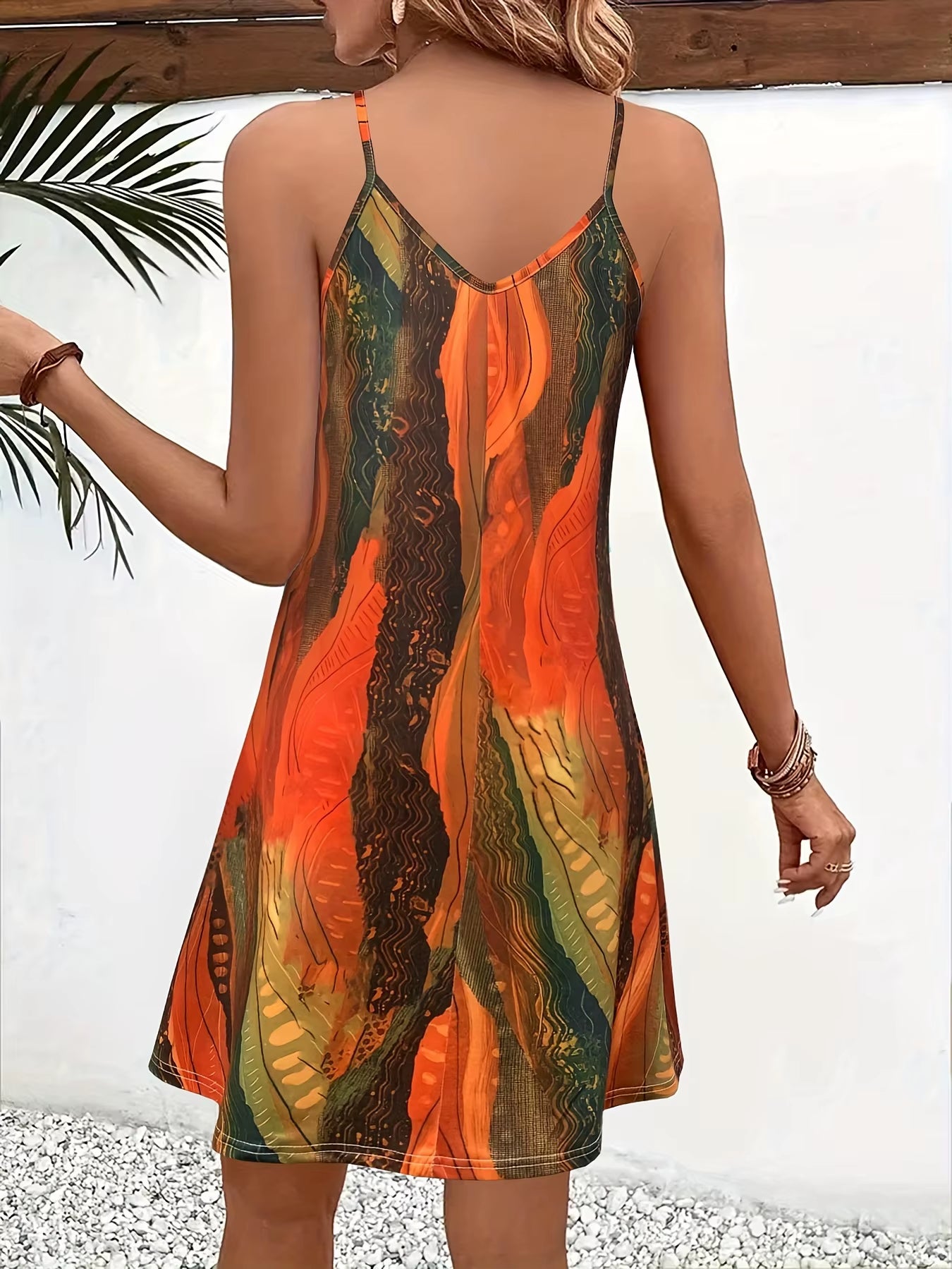 Women'S Summer Spaghetti Strap Dress, Colorful Abstract Print, Ideal Vacation Outfits, Flowy Casual Dress, Must - Have Clothes