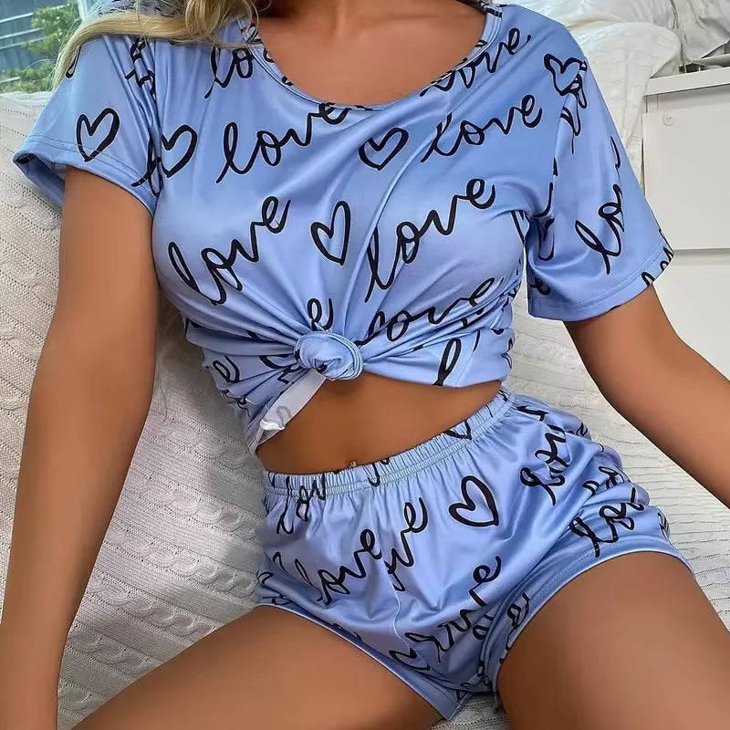 Women Pajamas Sets Short Sleeve Nightwear Top and Pants Sleepwear 2 Piece Pjs Loungewear Cartoon Print Pyjamas Set Nightwear