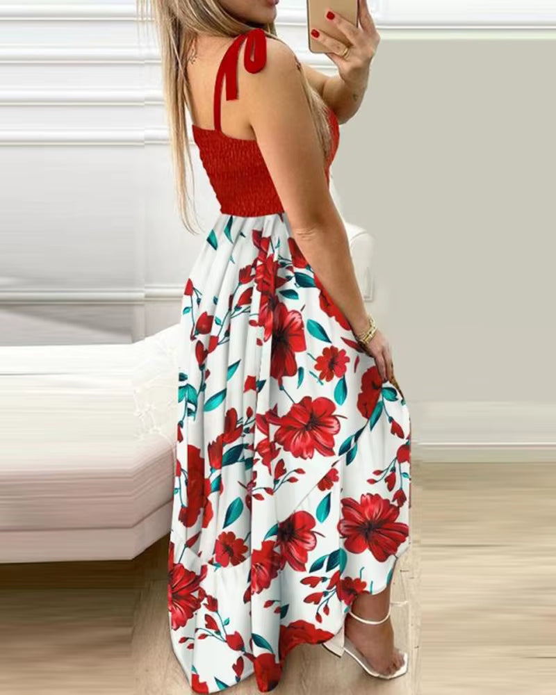 Summer Sexy Spaghetti Strap Floral Print Maxi Dress for Women Casual Elegant Chest Wrap Long Woman Beach Dress Holiday