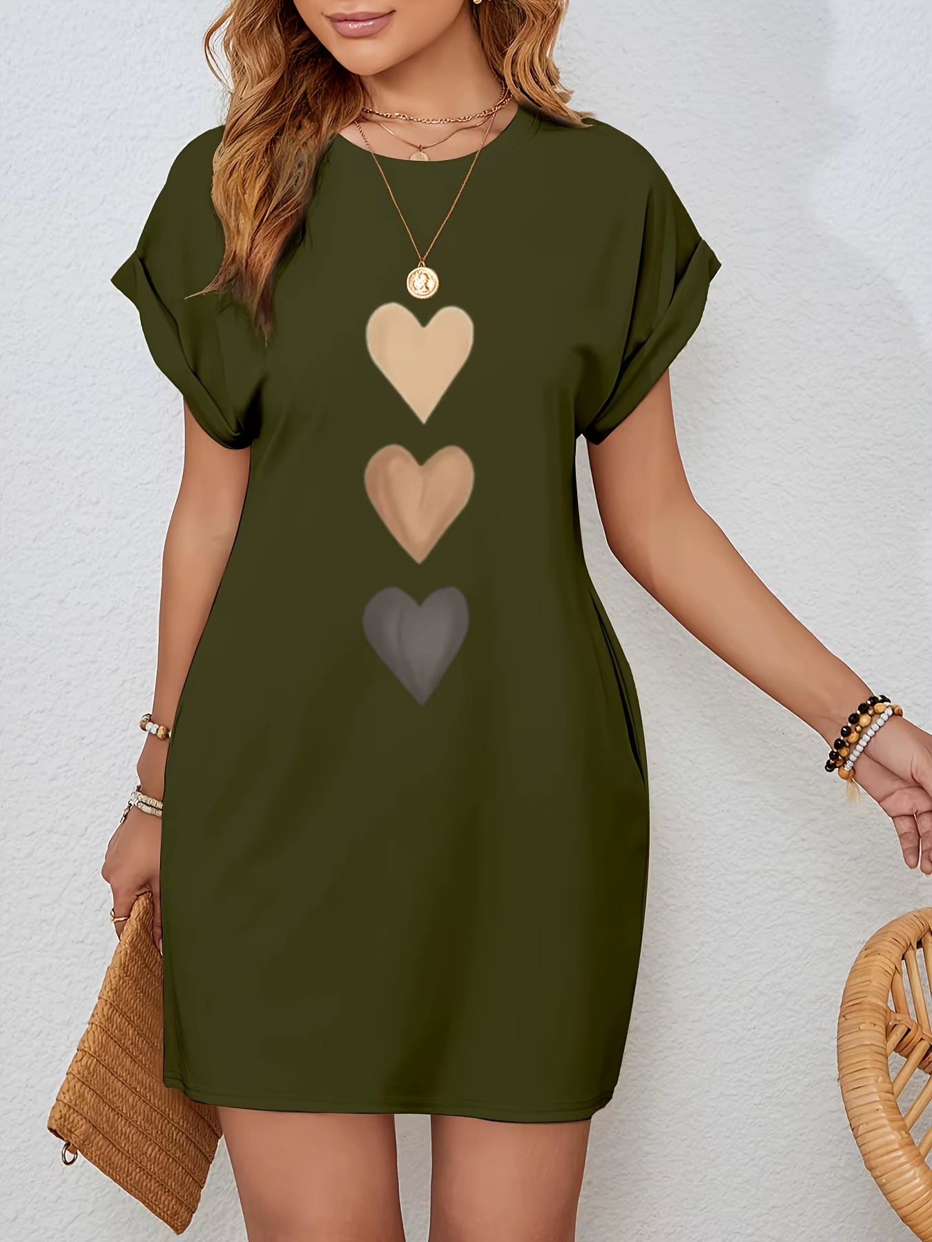 Women'S Casual Knit Tshirt Dress with Heart Print Crew Neck Short Sleeve Fashionable Top Black with Colorful Flag Design