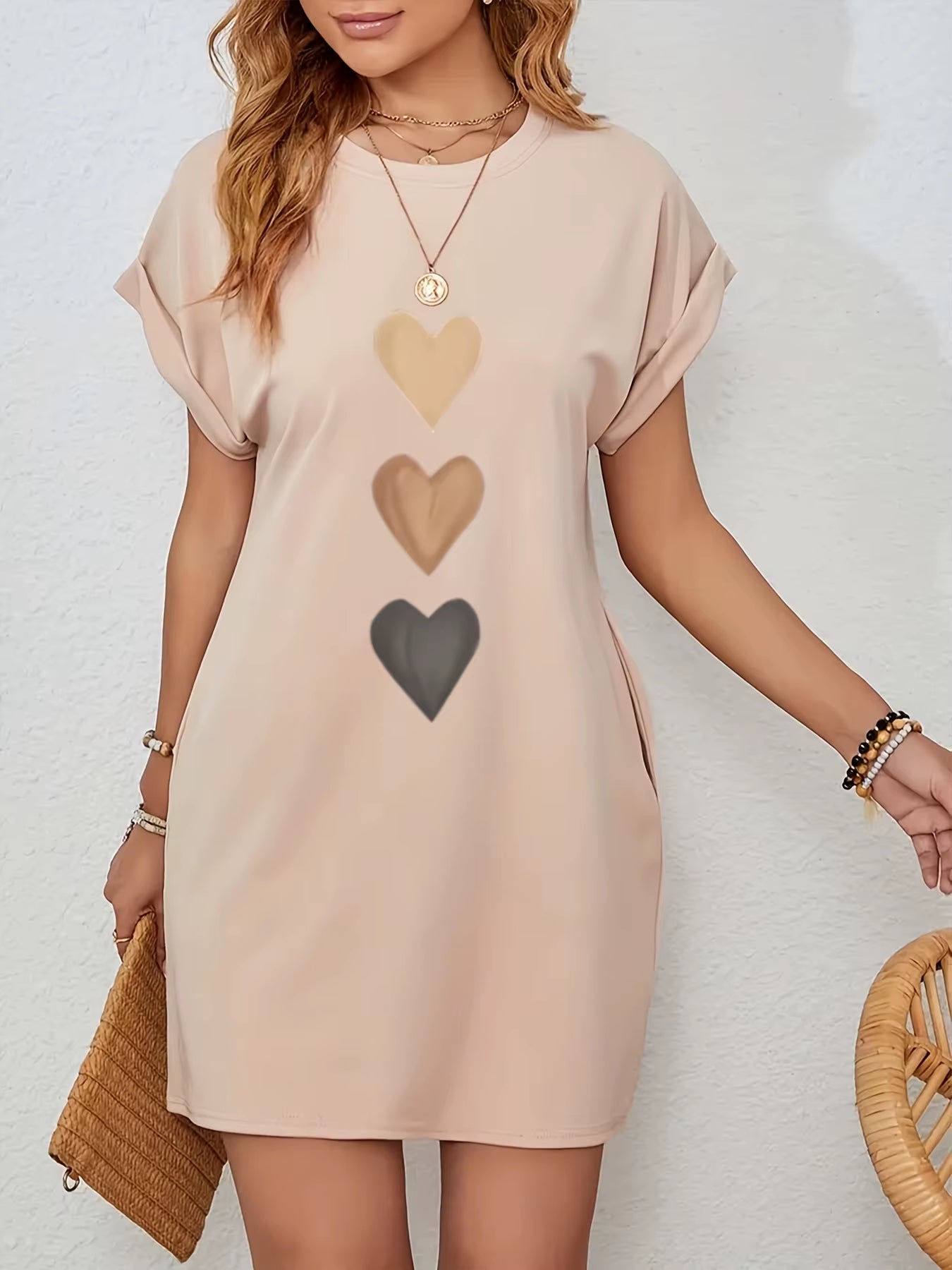 Women'S Casual Knit Tshirt Dress with Heart Print Crew Neck Short Sleeve Fashionable Top Black with Colorful Flag Design